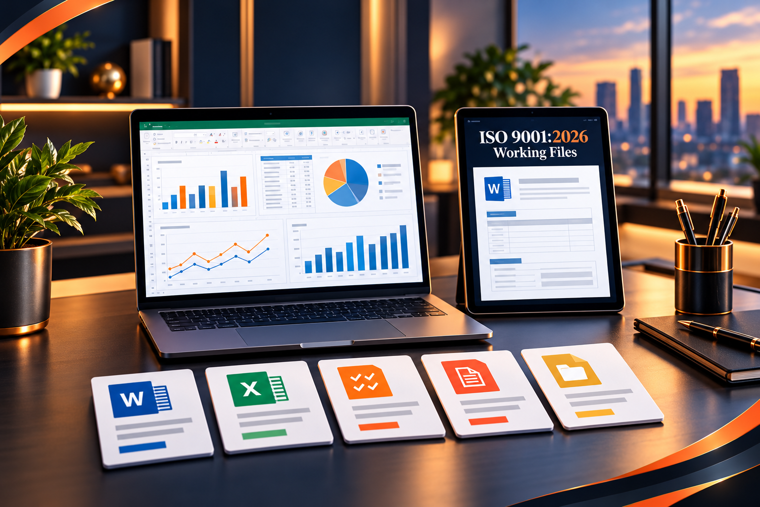 Illustrative laptop and tablet mockup showing QMS working documents and spreadsheet dashboards